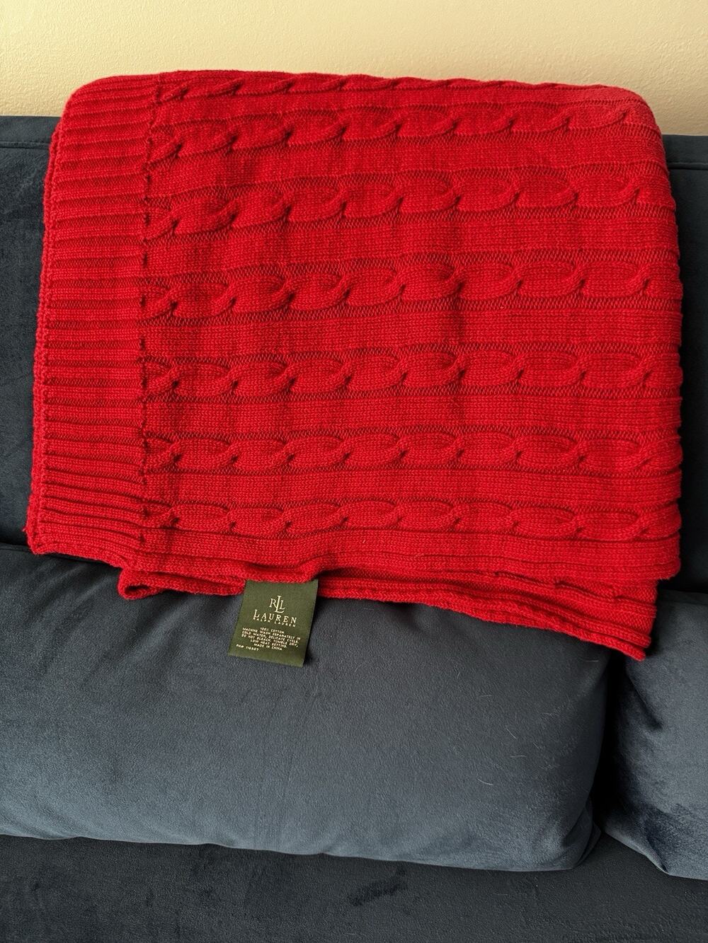 Ralph Lauren Jamie Cable Knit Throw Blanket 50x70 Red Soft Cozy